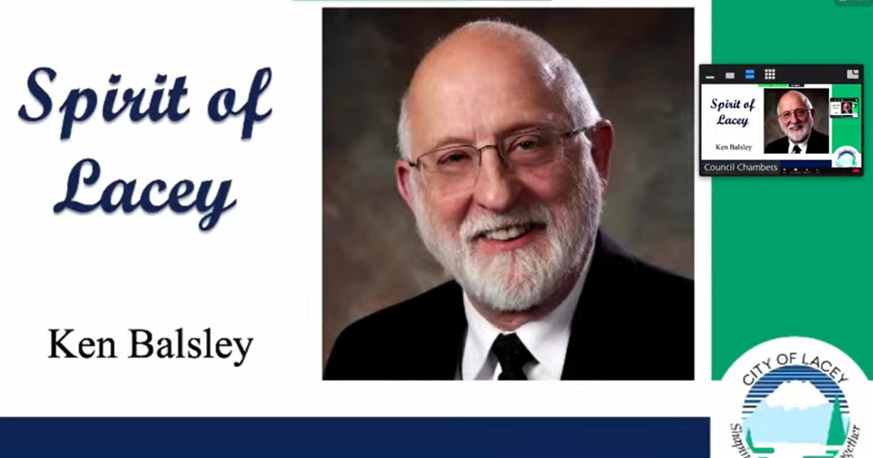 Ken Balsley passed away on February 18, 2023 and was honored with the Spirit of Lacey Award on May 4, 2023. The award was received by his widow.